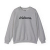 Chickens unisex crewneck sweatshirt in heather gray — minimalist farm-animal sweatshirt supporting no-kill animal rescues