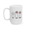 A white ceramic mug with a printed graphic of three paw prints labeled 'ROCK', 'PAPER', and 'SCISSORS' in black with a red paw pad accent, on a clean white background.
