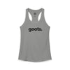 Goats women's racerback tank in heather gray — minimalist farm-animal tank top supporting no-kill animal rescues