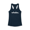 Whales women's racerback tank in navy — minimalist ocean-lover tank top supporting no-kill animal rescues