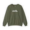 Owls unisex crewneck sweatshirt in olive green — minimalist wildlife sweatshirt supporting no-kill animal rescues