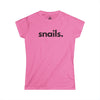 Snails women's softstyle tee in pink — minimalist wildlife wordmark tee supporting no-kill animal rescues
