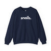 Snails unisex crewneck sweatshirt in navy - wildlife apparel by Animals, Period. Warm 50/50 cotton-poly brushed fleece, relaxed fit. Snails have existed for over 500 million years and play a vital role in soil health and ecosystem decomposition. Over 40% of recorded animal extinctions since 1500 have been land snails. Every purchase funds no-kill rescues.