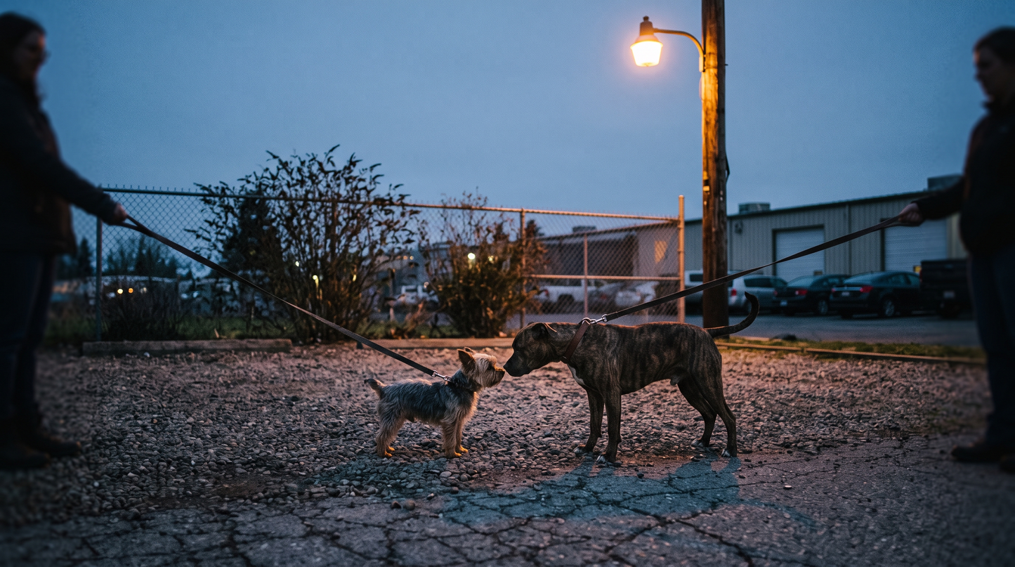 A big dog and a little dog meeting nose to nose during a first introduction