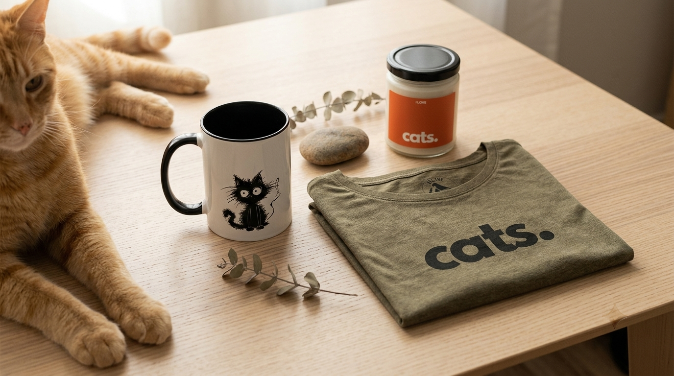 Cat surrounded by cat-themed gift ideas that give back to rescues