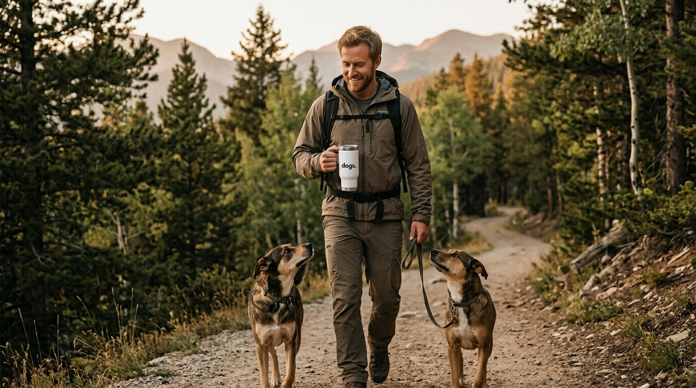 Dog dad hiking with his dog and a travel mug, gift ideas that give back