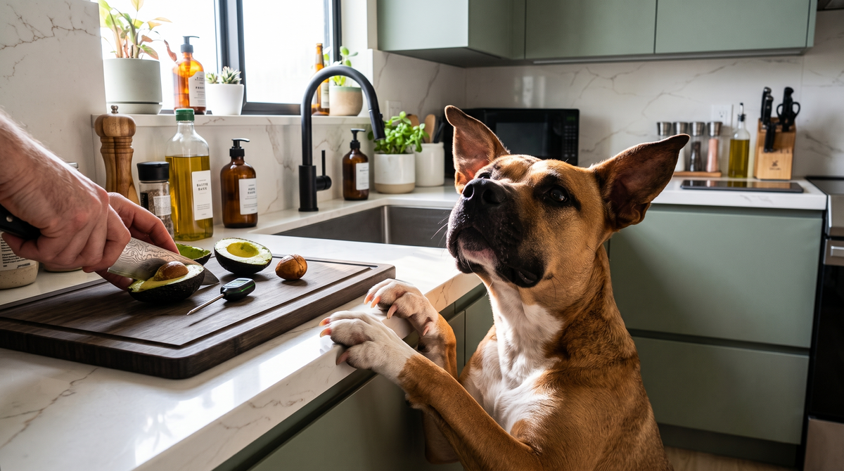 Dog standing on hind legs begging for avocado on a kitchen counter, a food safety risk that is far worse for pet birds