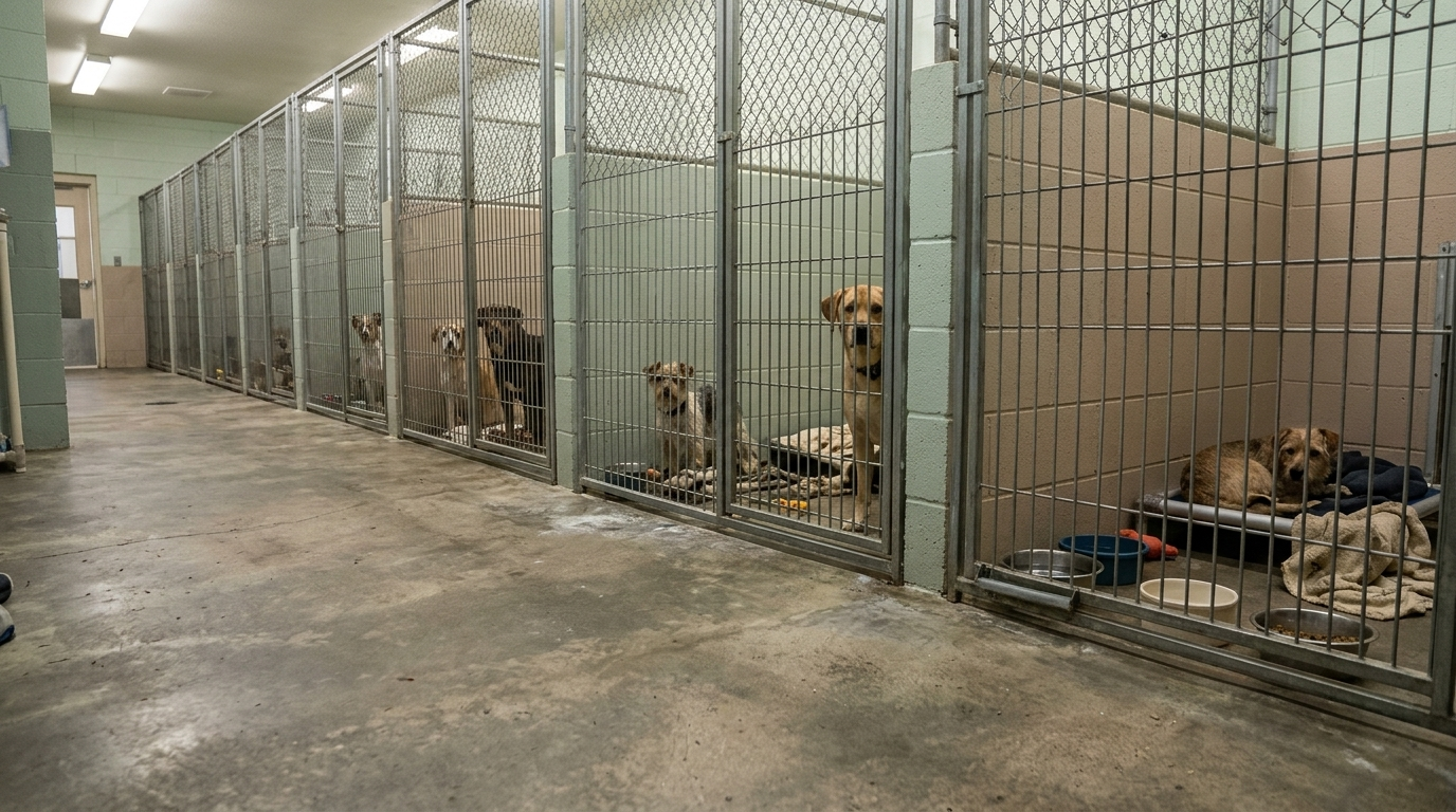 Rows of dogs in kennels at an overcrowded animal shelter