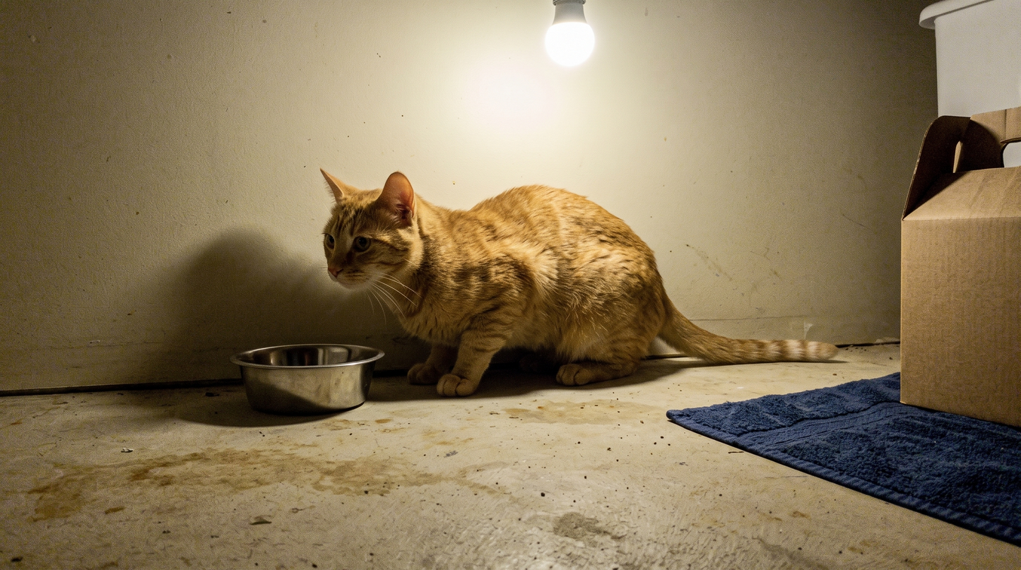 Feral cat approaching a food bowl in a garage during socialization