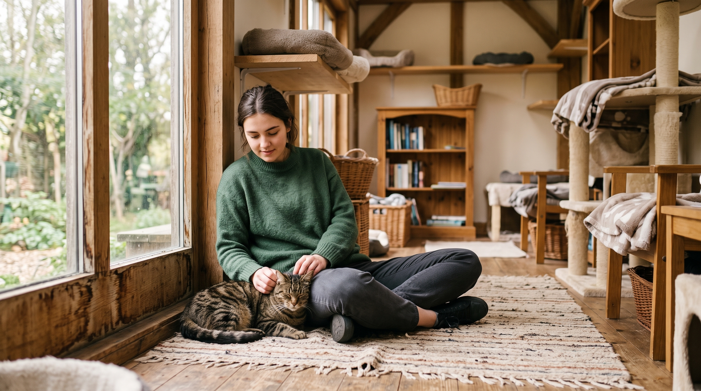 Foster volunteer bonding with a cat in a rescue cat room