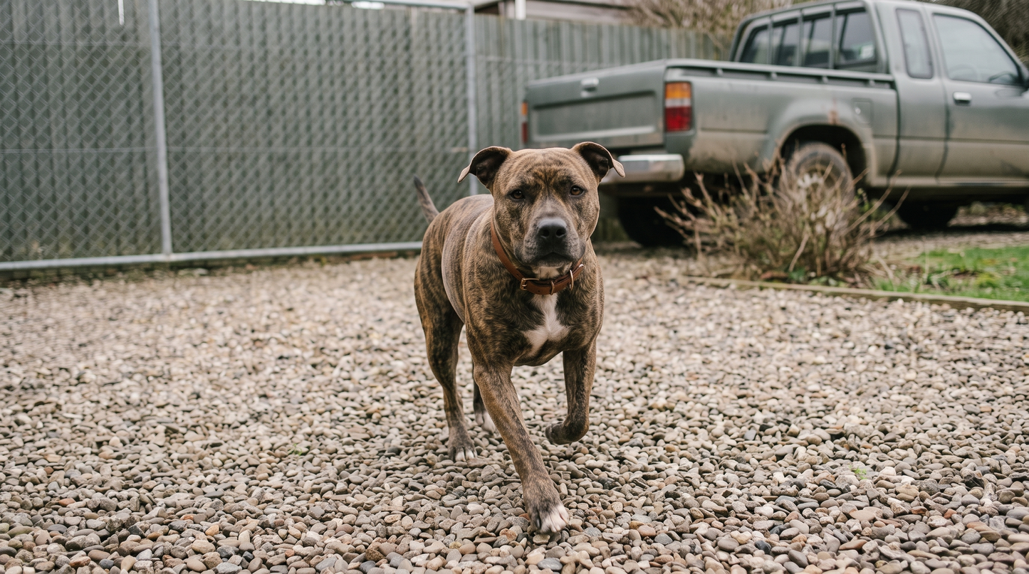 Pit bull standing on a driveway, debunking common pit bull myths