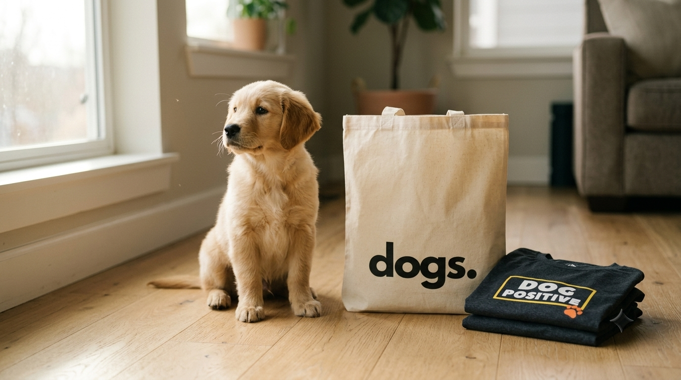 Puppy sitting beside a tote bag and t-shirts, new puppy gift ideas that give back