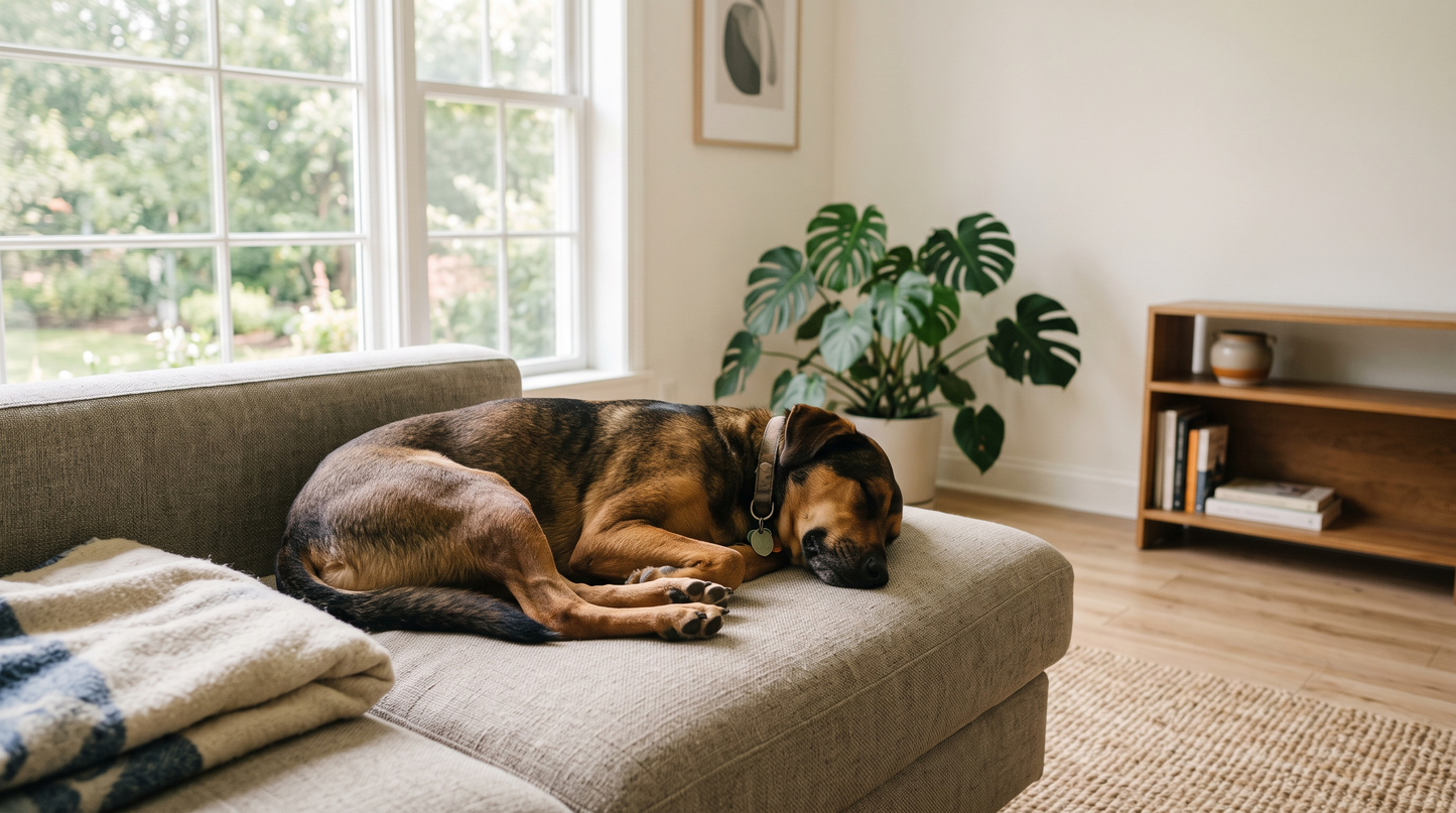 Foster rescue dog sleeping on the sofa in a living room