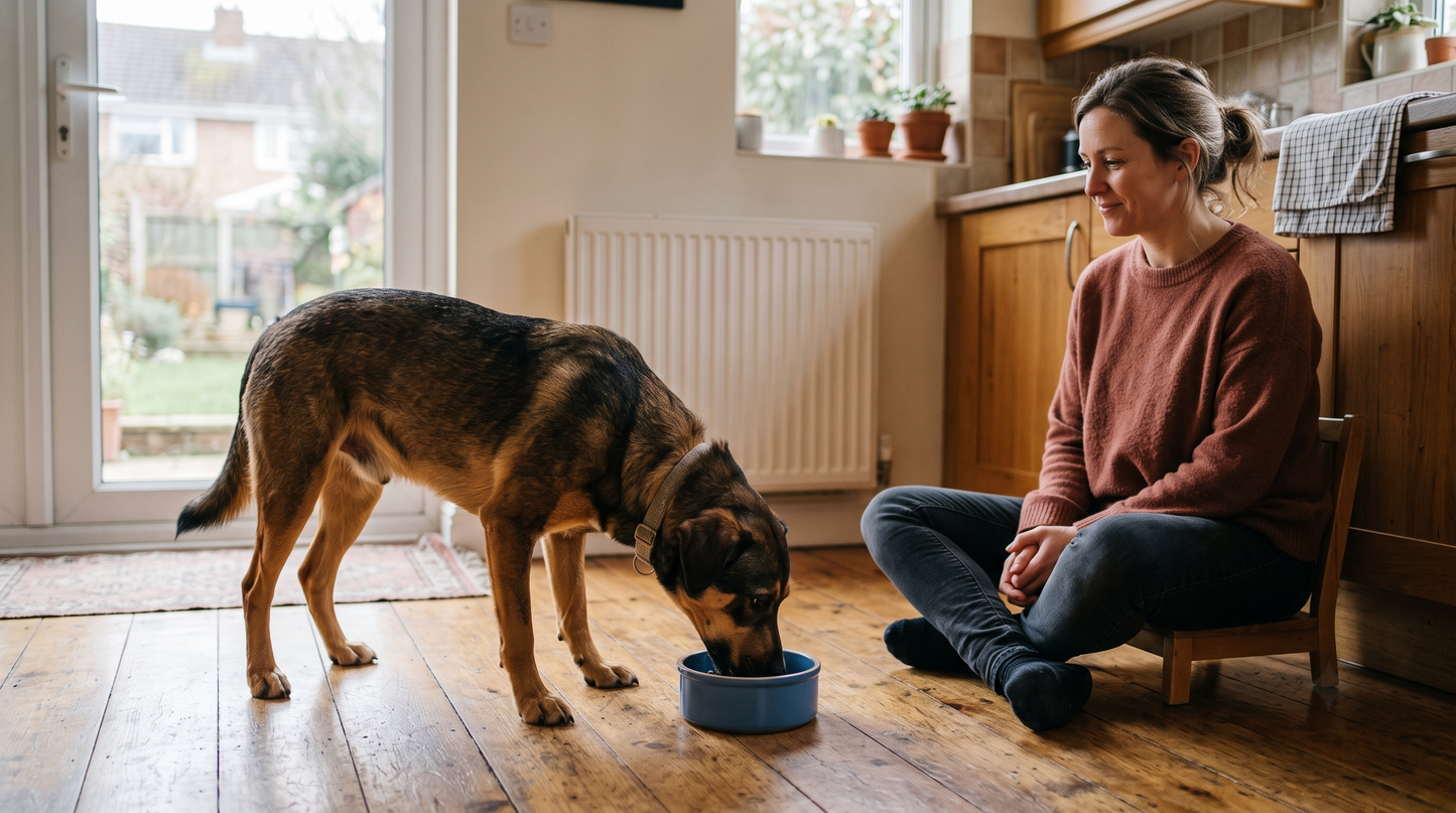 Rescue dog eating from its bowl while its owner stands nearby in the kitchen