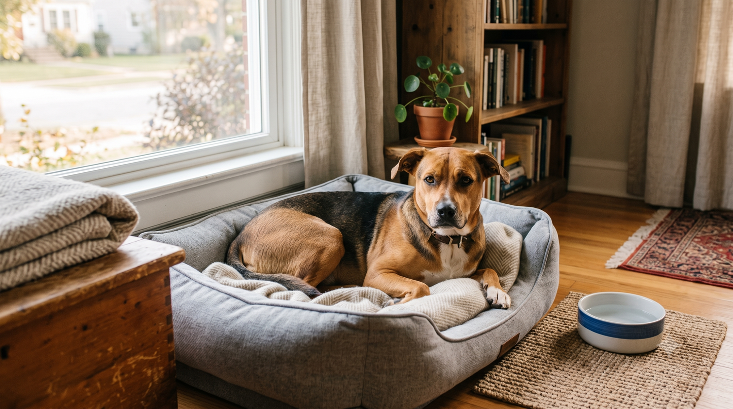 Rescue dog resting on a dog bed by a window, settling into its new home