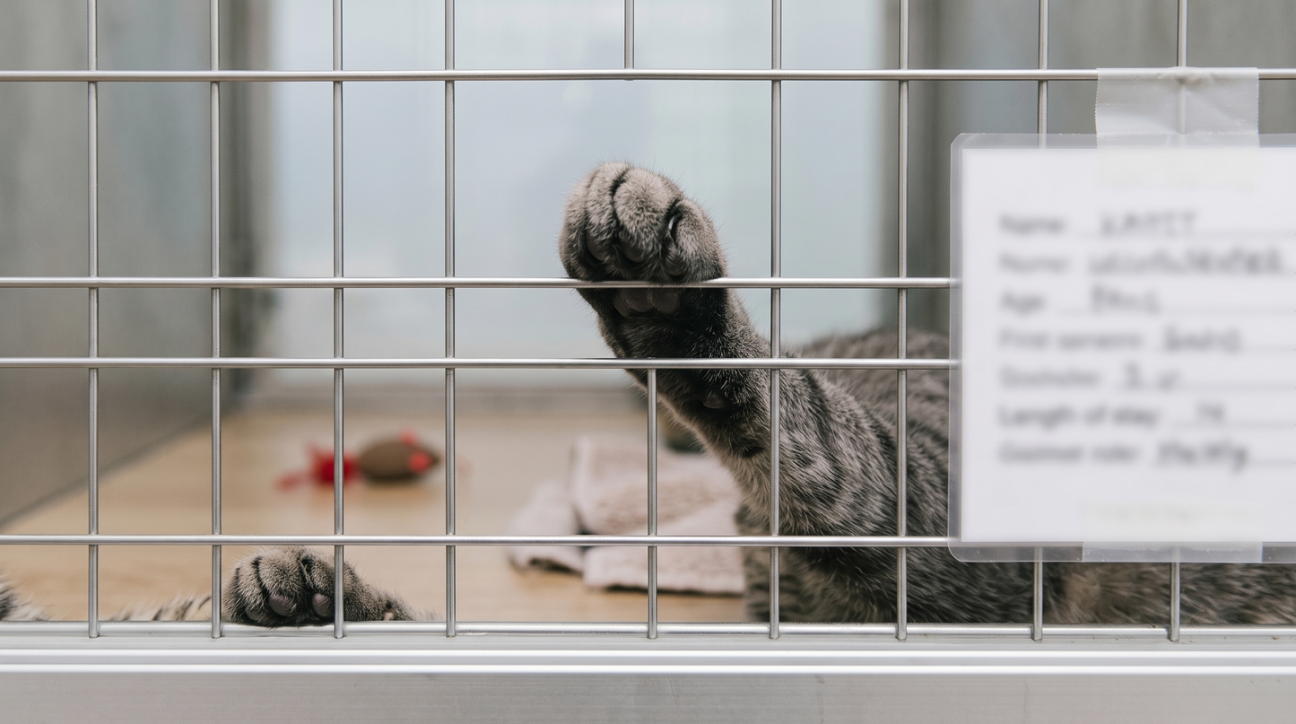 Senior cat's paw resting on its kennel door at a shelter