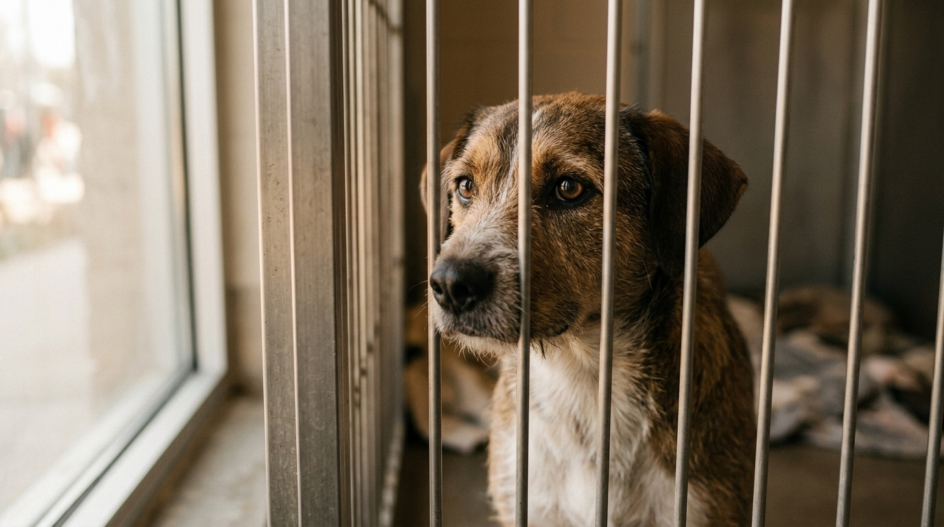 Shelter dog looking out through kennel bars, waiting to be adopted