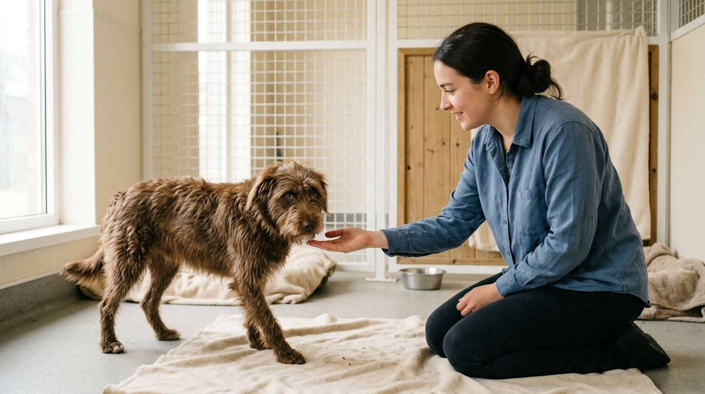 Shelter volunteer holding a shaggy rescue dog