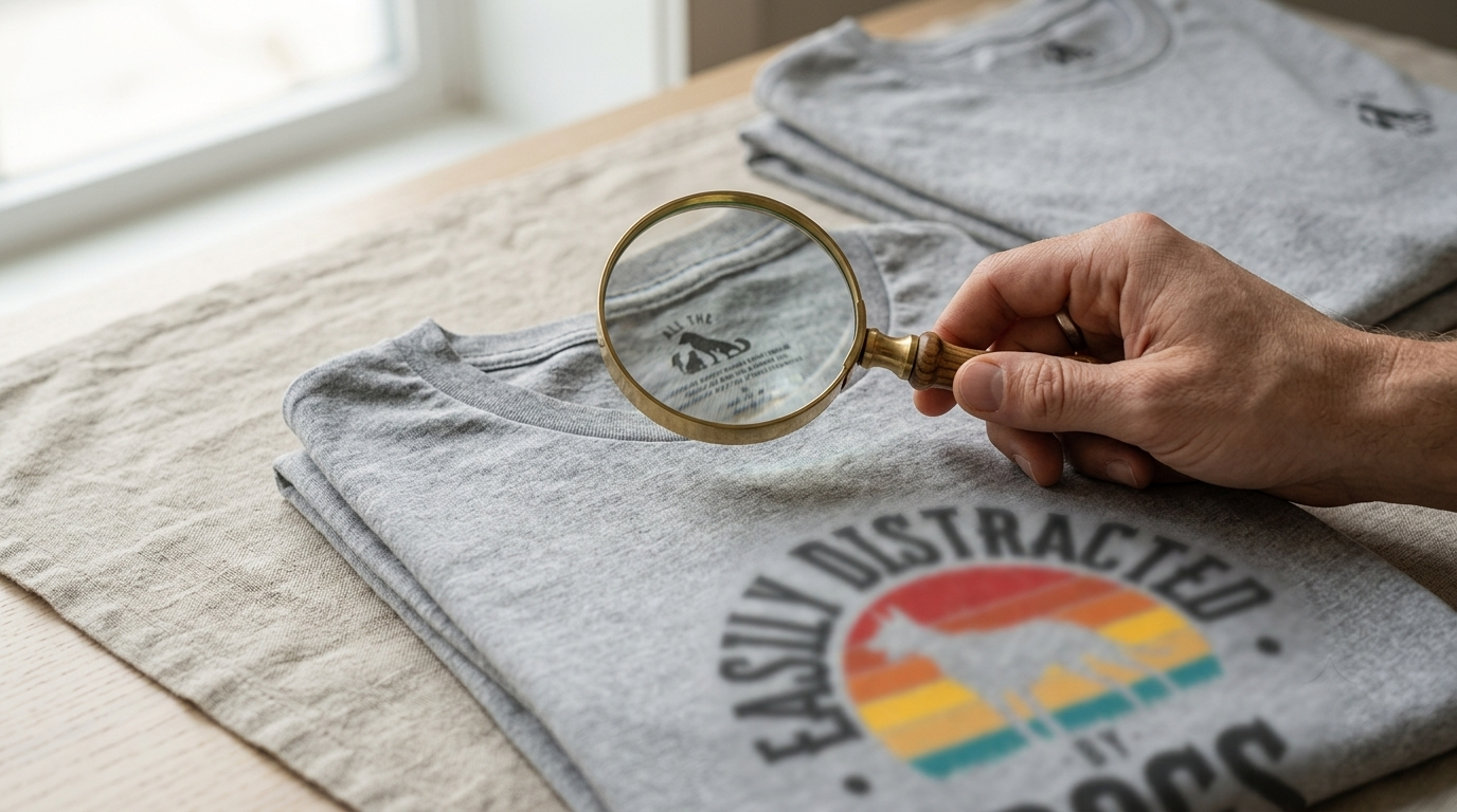 T-shirt examined with a magnifying glass, illustrating how to vet a give-back claim
