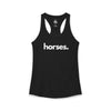 Horses women's racerback tank in black — minimalist horse-lover tank top supporting no-kill animal rescues