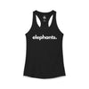 Elephants women's racerback tank in black — minimalist wildlife tank top supporting no-kill animal rescues
