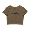 Snails women's crop tee in olive heather — minimalist wildlife wordmark crop tee supporting no-kill animal rescues