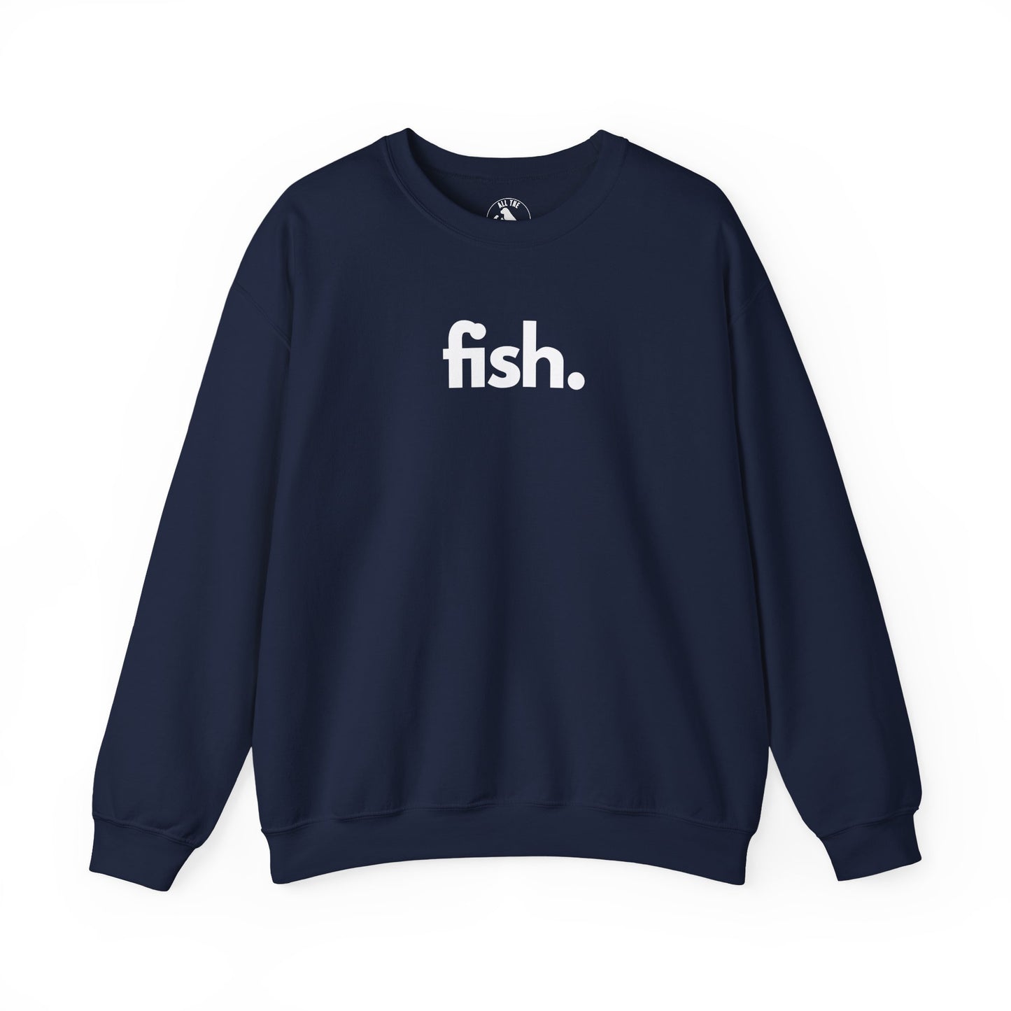 Navy blue sweatshirt with 'fish.' text on a white background