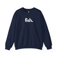 Navy blue sweatshirt with 'fish.' text on a white background