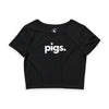 Pigs women's crop tee in black — minimalist farm-animal wordmark crop tee supporting no-kill animal rescues