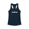 Wolves women's racerback tank in navy — minimalist wildlife tank top supporting no-kill animal rescues