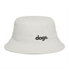 White bucket hat with 'dogs.' text on a white background