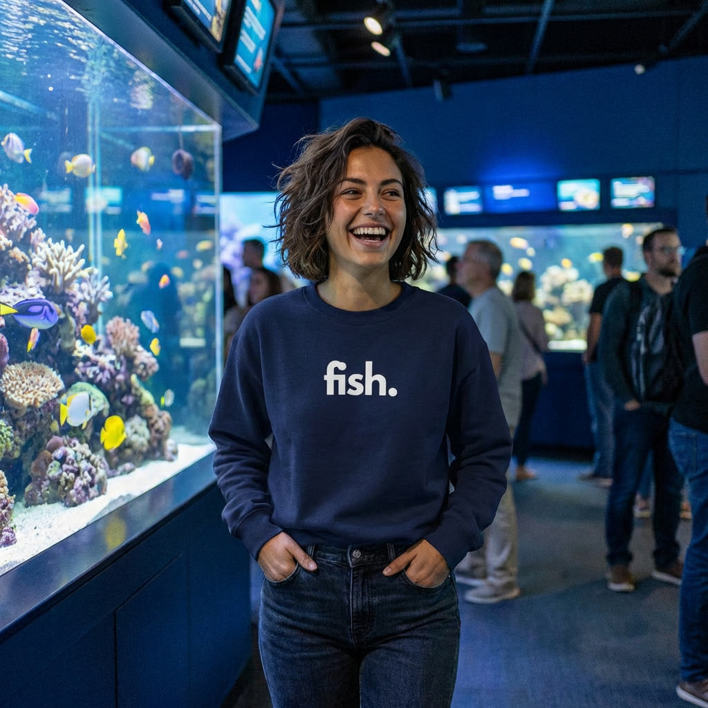 Person wearing a navy blue sweatshirt with 'fish.' text, standing in front of an aquarium.