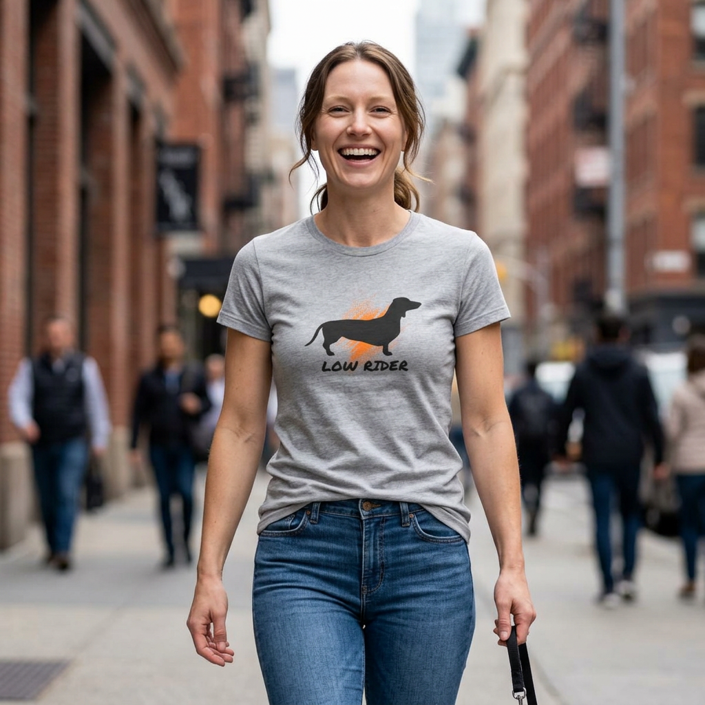 A woman walking down a city street wearing a heather gray t-shirt with a black dachshund silhouette and the words 'LOW RIDER' printed on the front, paired with blue jeans.