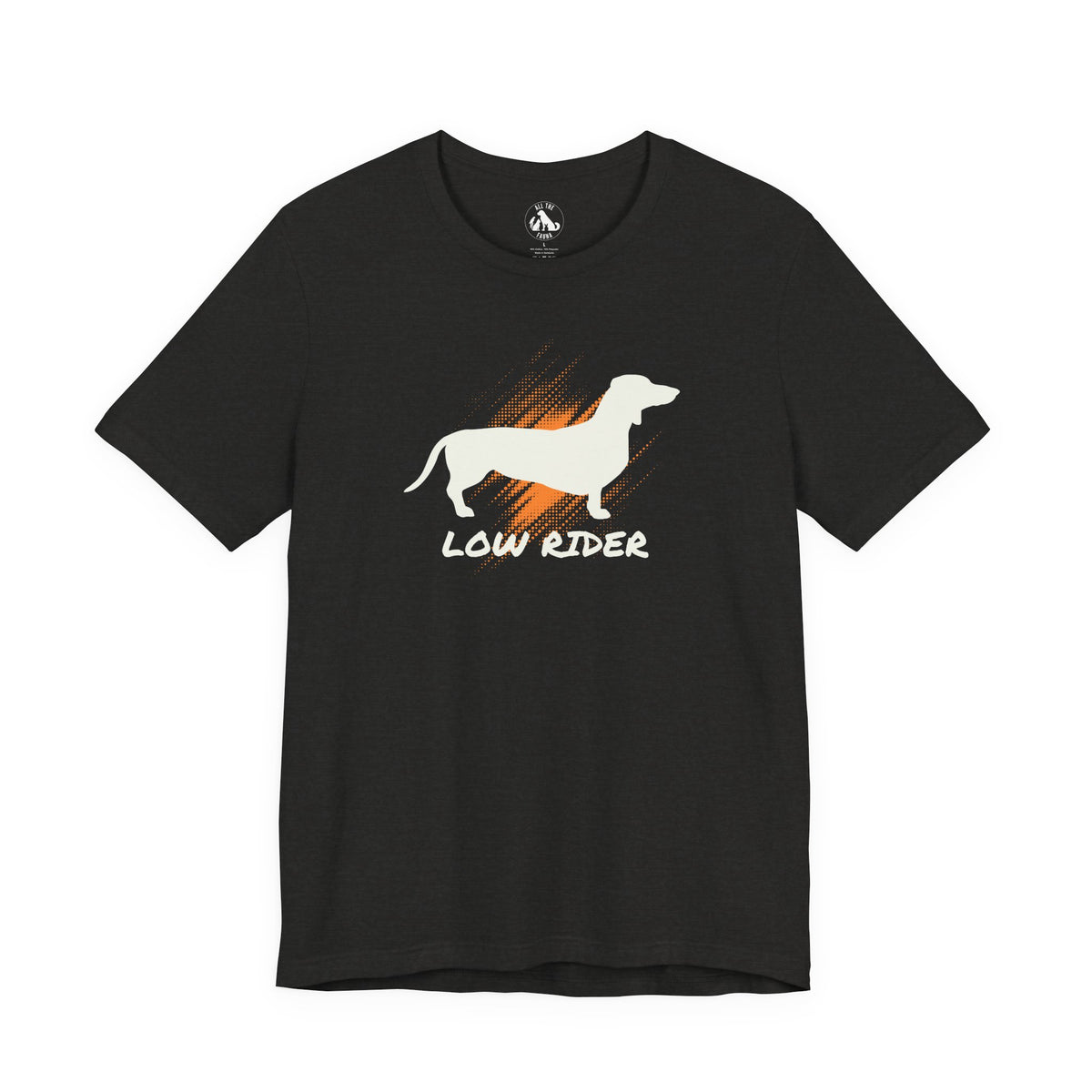 Black Heather t-shirt with a white dachshund silhouette, orange sunburst, and "Low Rider" graphic on the chest.