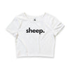 Sheep women's crop tee in white — minimalist farm-animal wordmark crop tee supporting no-kill animal rescues