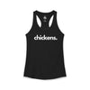 Chickens women's racerback tank in black — minimalist farm-animal tank top supporting no-kill animal rescues