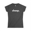 Sheep women's softstyle tee in dark heather gray — minimalist farm-animal wordmark tee supporting no-kill animal rescues