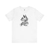 Cat Life tribal cat unisex tee in white — minimalist line-art cat graphic tee for cat lovers supporting no-kill animal rescues