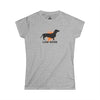 Sport Grey women's t-shirt with a black dachshund silhouette, orange sunburst, and "Low Rider" graphic.