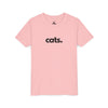 A light pink short-sleeve crewneck t-shirt with the word 'cats.' printed in black lowercase letters with a small black cat silhouette on the chest, displayed on a clean white background.