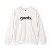 Goats unisex crewneck sweatshirt in white — minimalist farm-animal sweatshirt supporting no-kill animal rescues