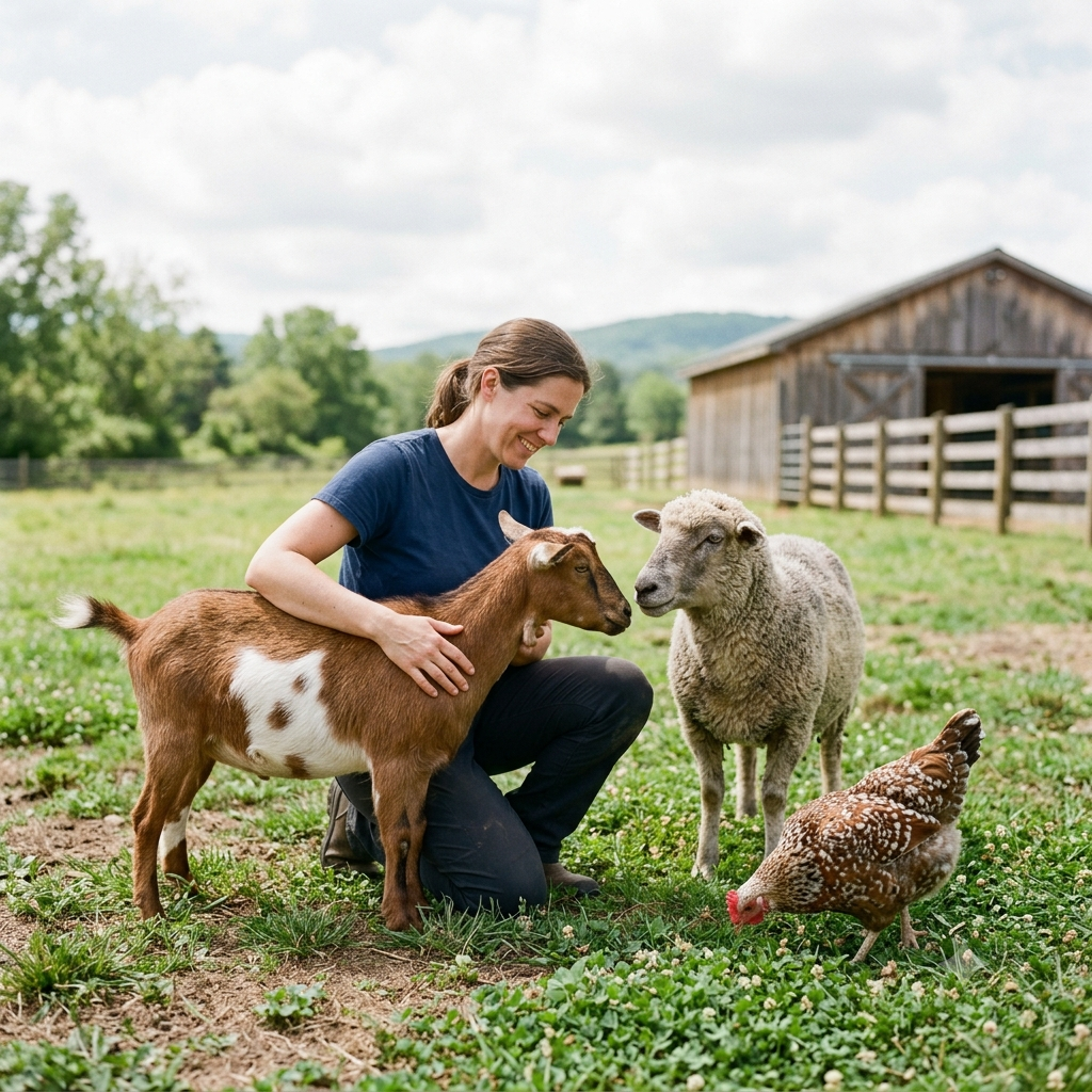 A rescue volunteer kneels in a sanctuary holding a white goat and standing next to a sheep, with chickens and a wooden barn in the background.