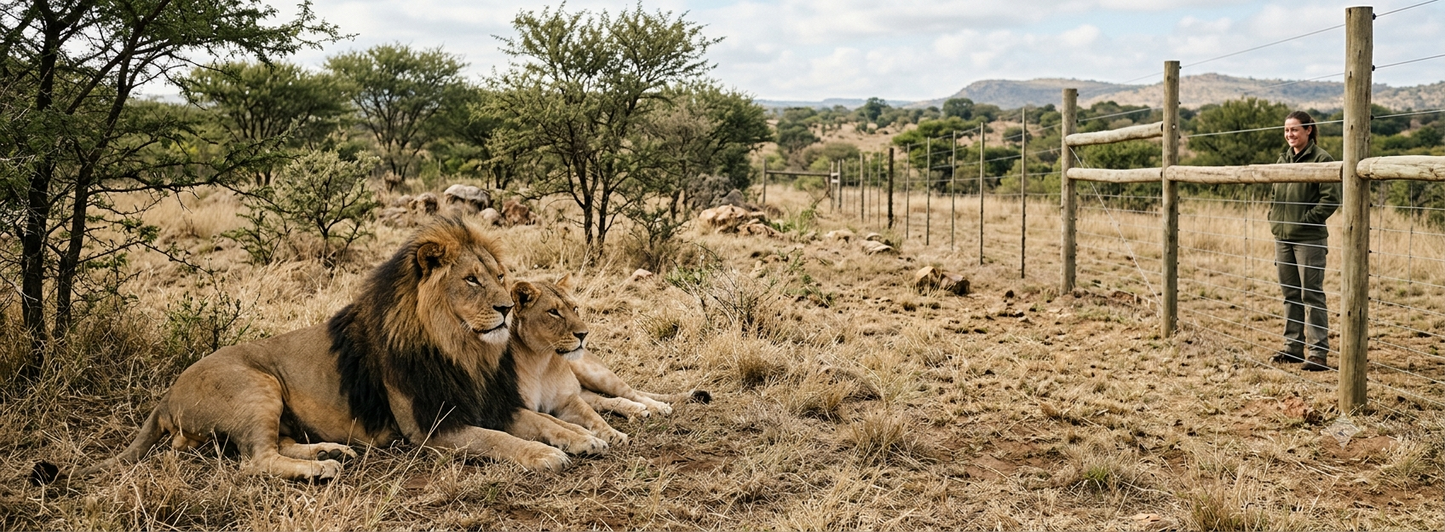 A large male and female lion resting in a dry grassy sanctuary enclosure, with a wooden fence and a rescue volunteer nearby in the background.