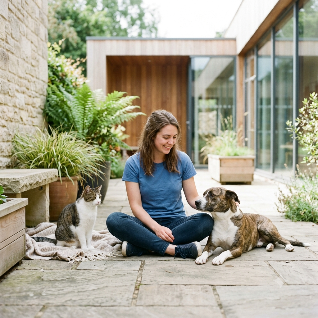 A rescue volunteer kneels in a sanctuary holding a white goat and standing next to a sheep, with chickens and a wooden barn in the background.