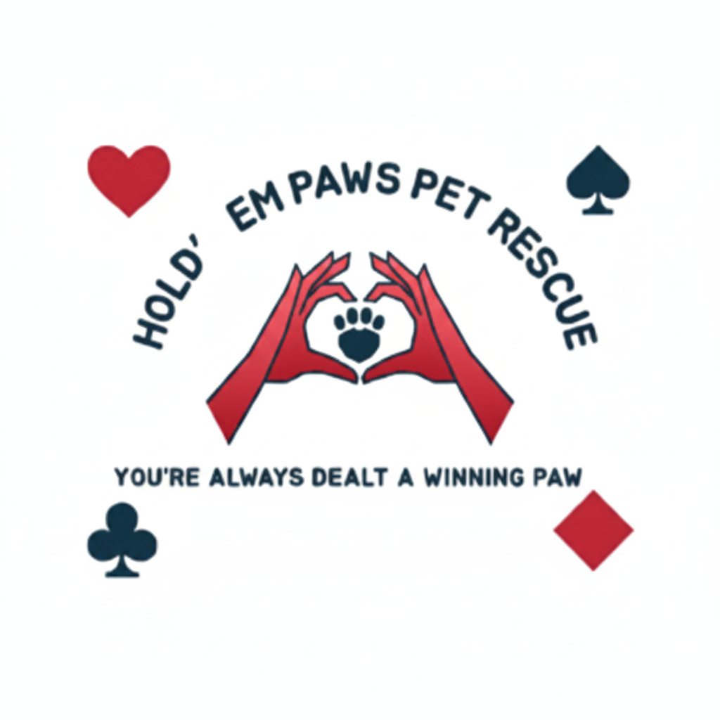 A square graphic design for Holdem Paws Pet Rescue, featuring a white background with a red heart, red spade, red club, and red diamond. In the center, two red hands form a heart shape around a black paw print.