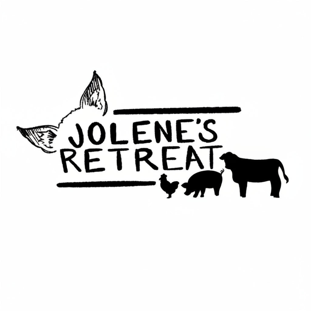 Black hand-drawn style logo text reading 'JOLENE'S RETREAT' with silhouettes of a dog, cow, pig, and chicken on a white background.