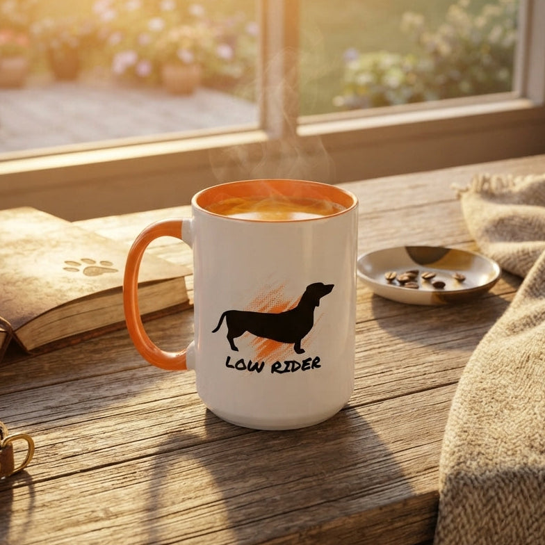 A white ceramic mug with an orange handle and interior sits on a wooden table by a window, showing a black dachshund silhouette and the words 'LOW RIDER.' The scene includes warm sunlight, an open book, a small dish, and a draped blanket, creating a cozy lifestyle setting.