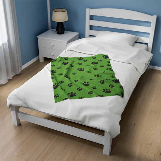 Paw Print Velveteen Plush Blanket - Green
