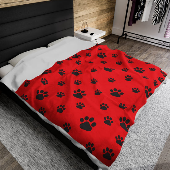 Paw Print Velveteen Plush Blanket - Red