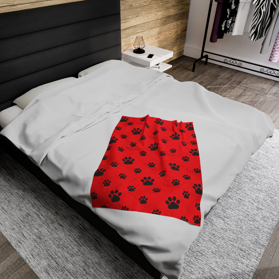 Paw Print Velveteen Plush Blanket - Red